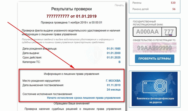 На сайте транспорта указывается срок лишения, срок действия постановления и состояние