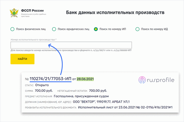 Поиск по номеру исполнительного дела в базе данных Федеральной службы исполнительной власти