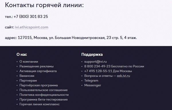 Контактная информация подвала сайта