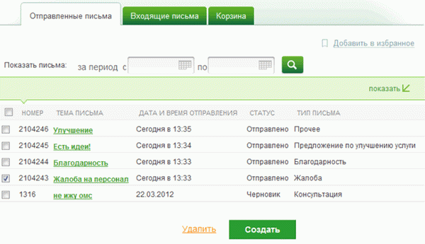 Сбербанк Сообщения, отправленные в Службу поддержки клиентов страница