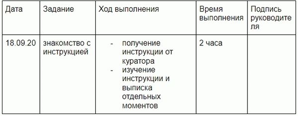 Образец дневника стажировки