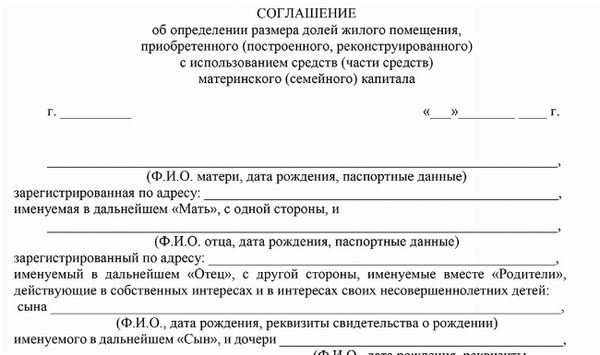 Скачать образец бланка договора о распределении долей детям