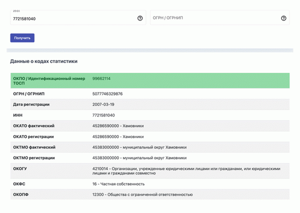 окпо по инн в услугах росстата